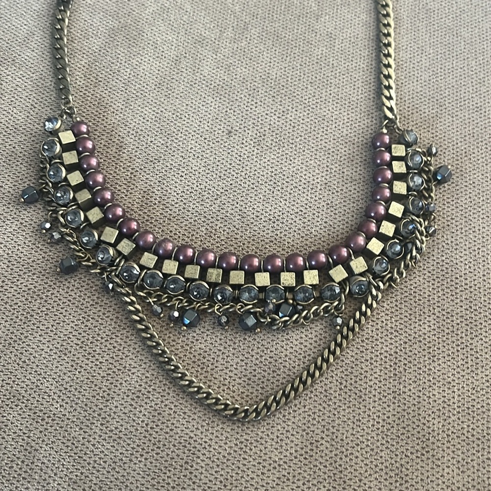 Brass Necklace with Blue, Purple & Black Stones